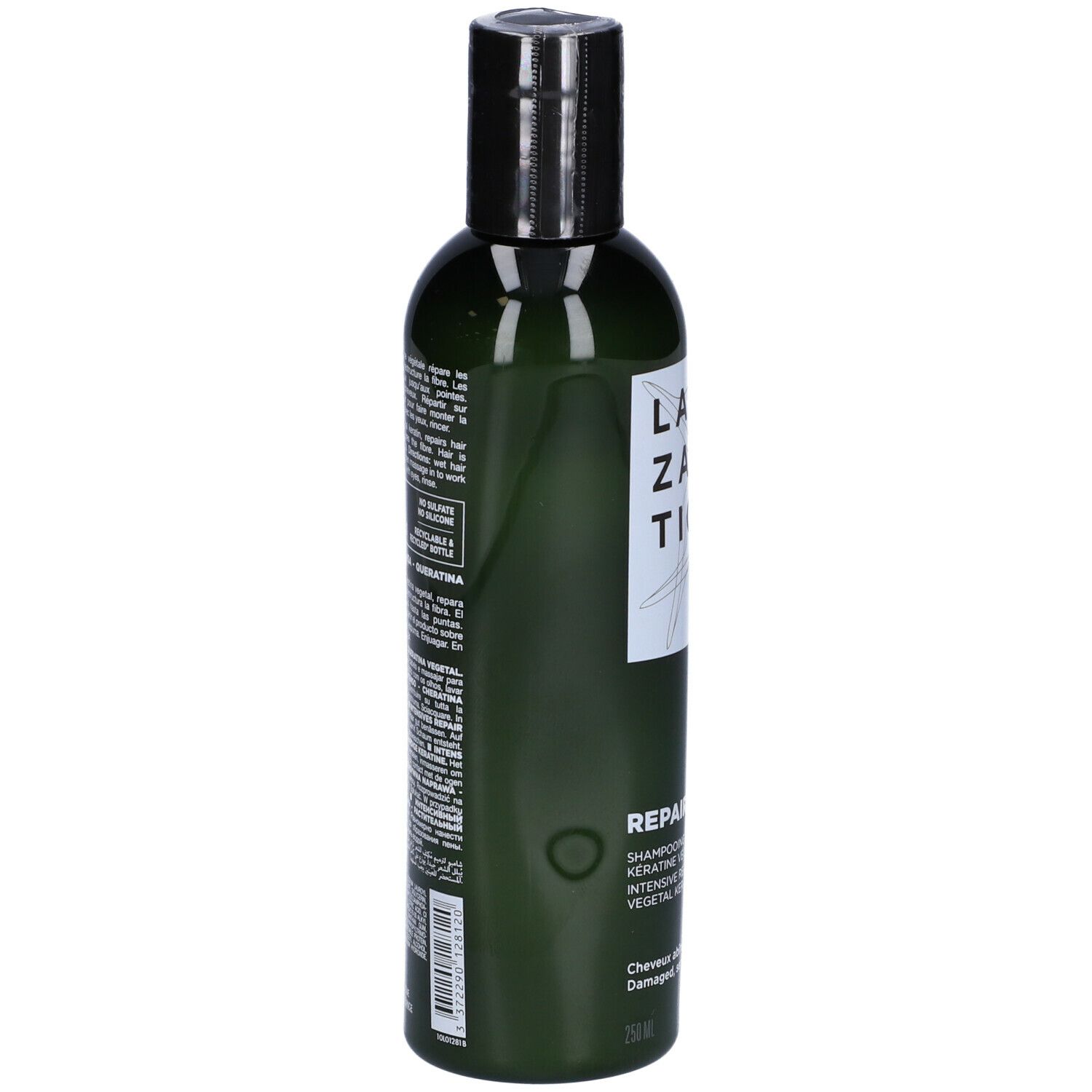 Flacone verde con tappo nero. Retro con testo e loghi. "LAZARTIGUE REPAIR" e "Botanical & Vegan Paris".