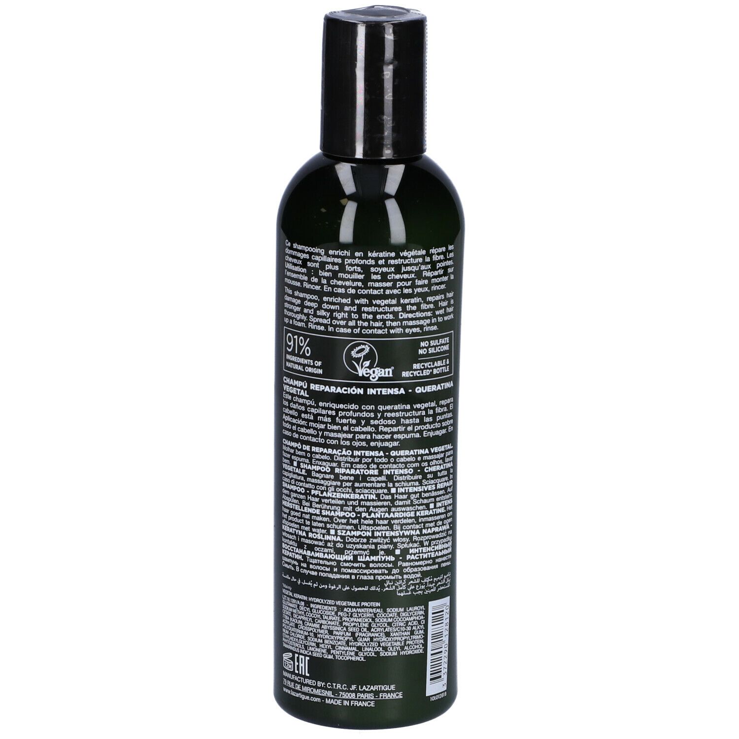 Flacone verde con tappo nero. Retro con testo e loghi. "LAZARTIGUE REPAIR" e "Botanical & Vegan Paris".