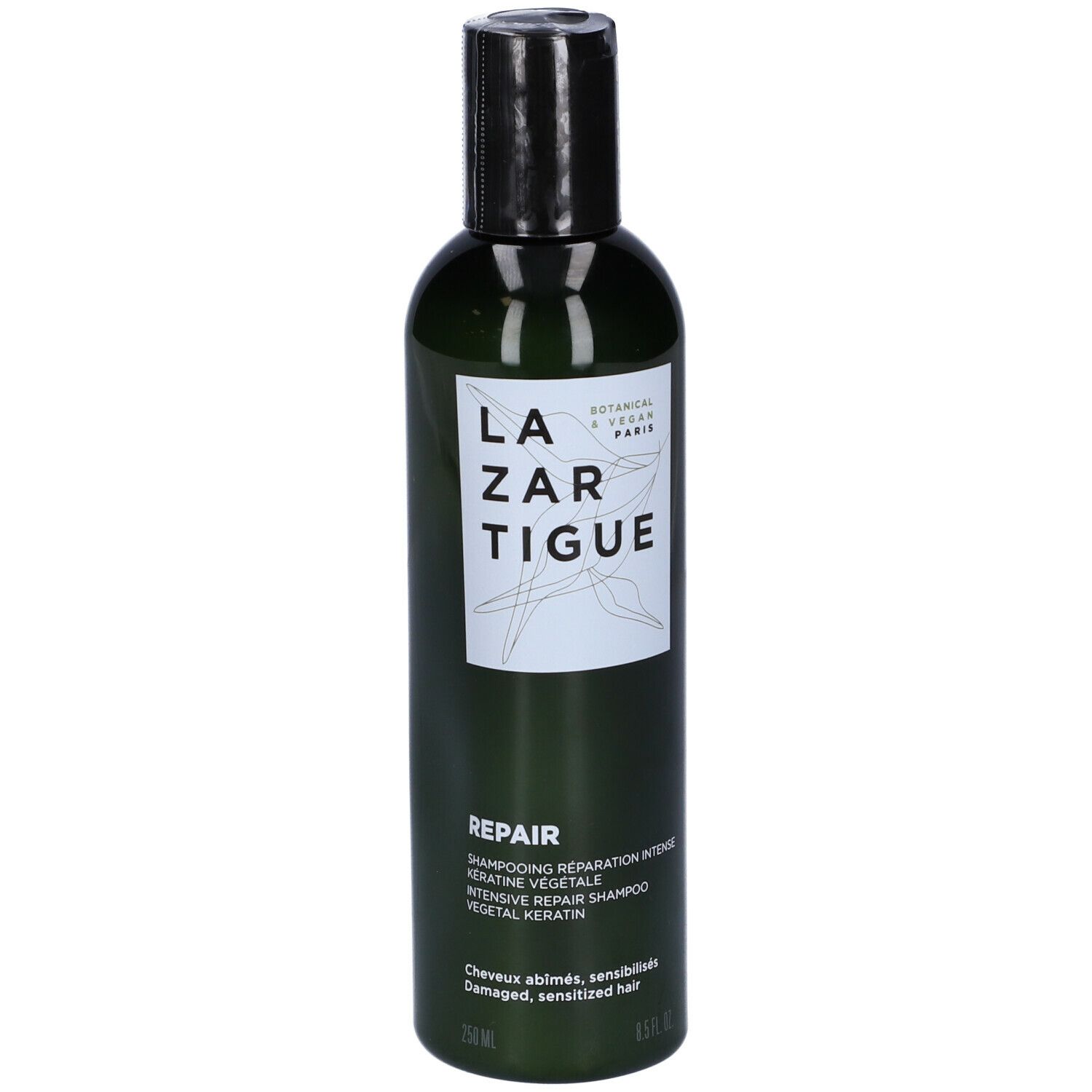 Flacone verde con tappo nero. Etichetta "LAZARTIGUE REPAIR". Testo: "Botanical & Vegan Paris".