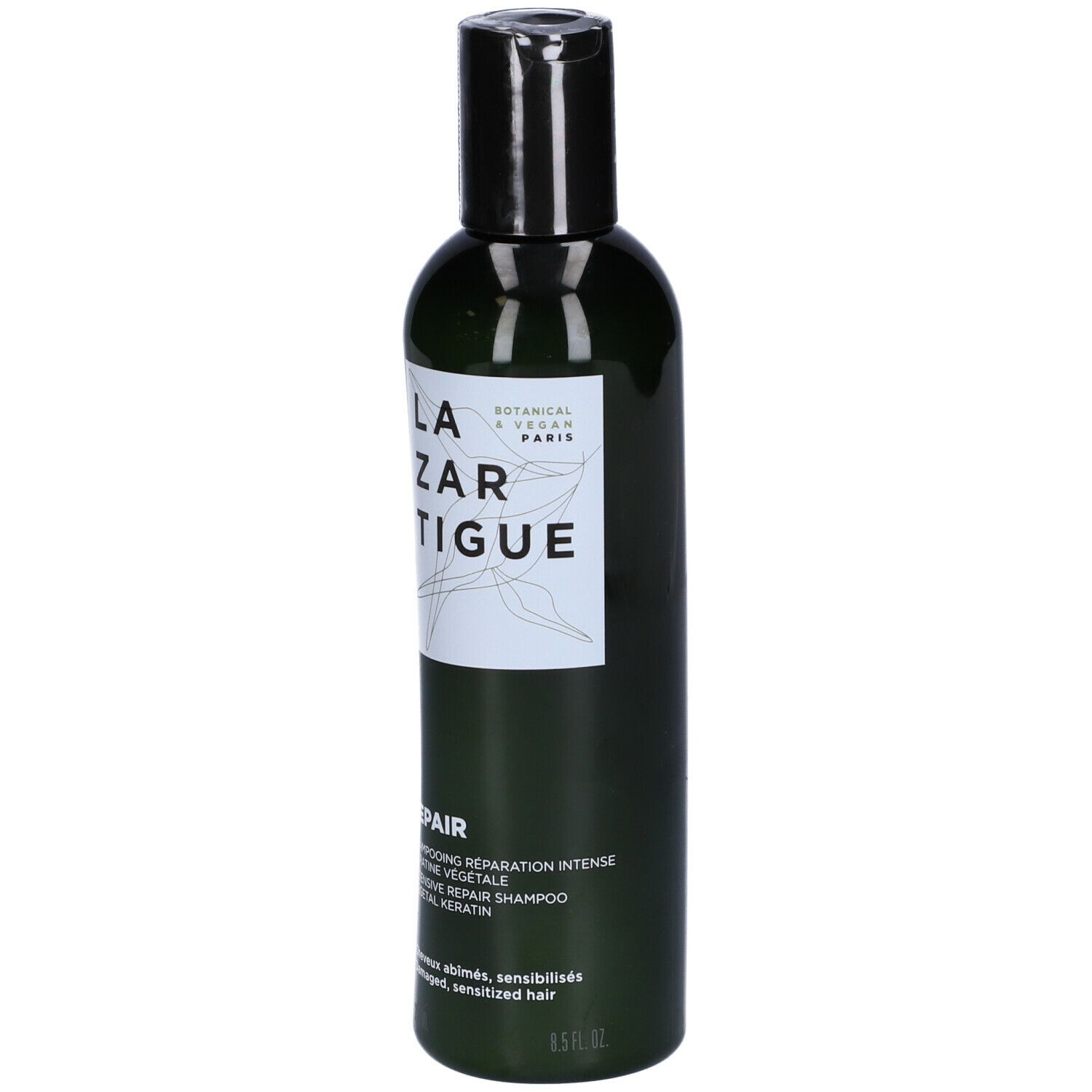 Flacone verde con tappo nero. Etichetta "LAZARTIGUE REPAIR". Testo: "Botanical & Vegan Paris".