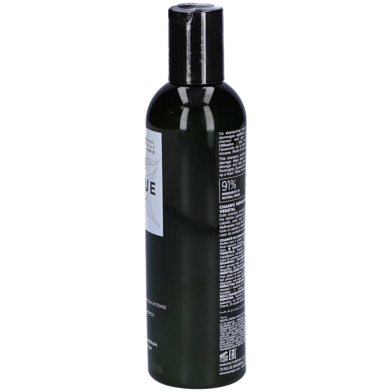 Flacone verde con tappo nero. Retro con testo e loghi. "LAZARTIGUE REPAIR" e "Botanical & Vegan Paris".