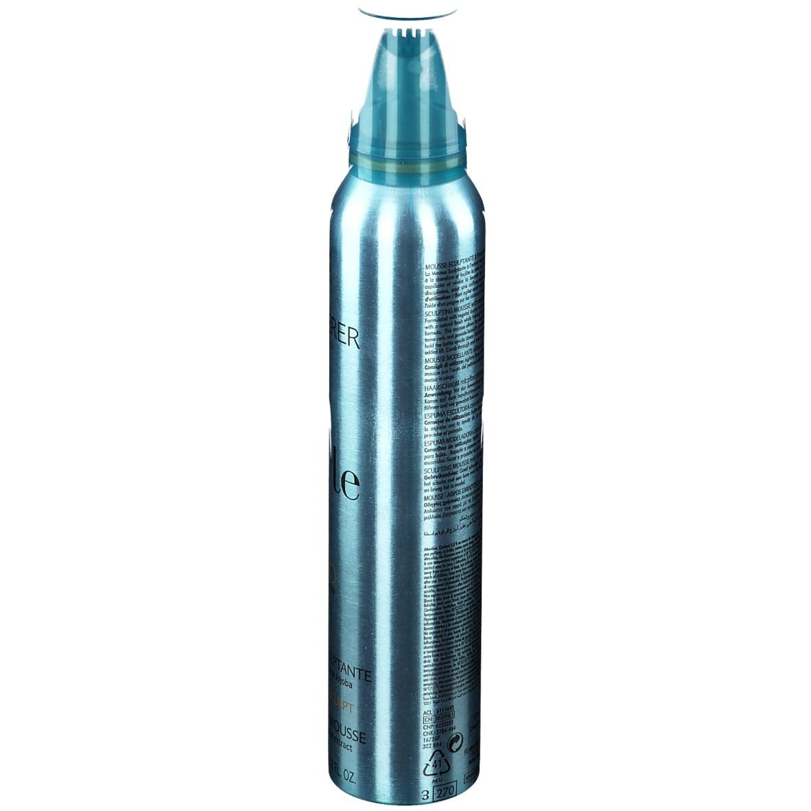 Türkisfarbene Flasche, Seitenansicht. Aufschrift und Text. Sprühkopf.  Rückseite mit Text.