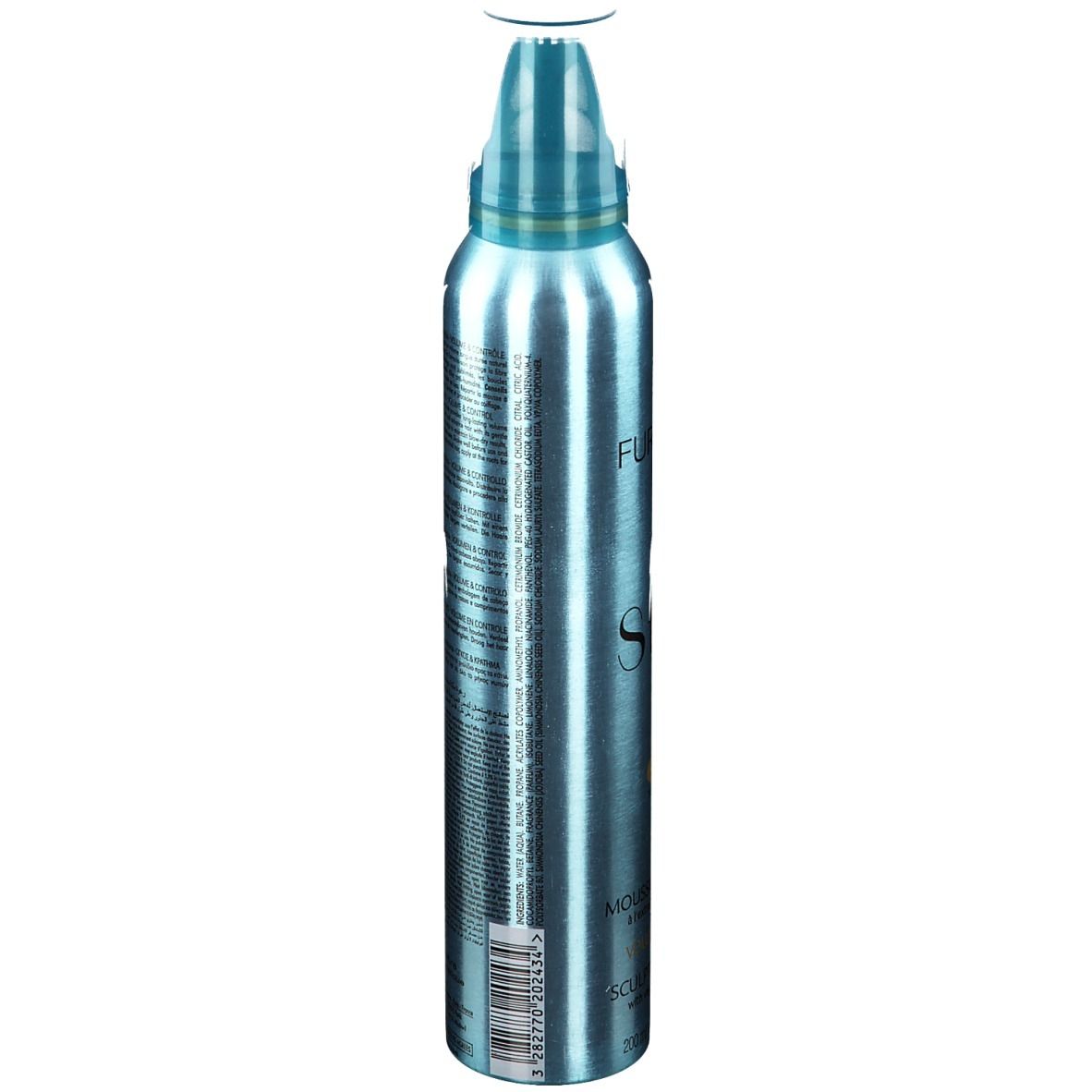 Türkisfarbene Flasche, Seitenansicht. Aufschrift und Text. Sprühkopf.  Rückseite mit Text.