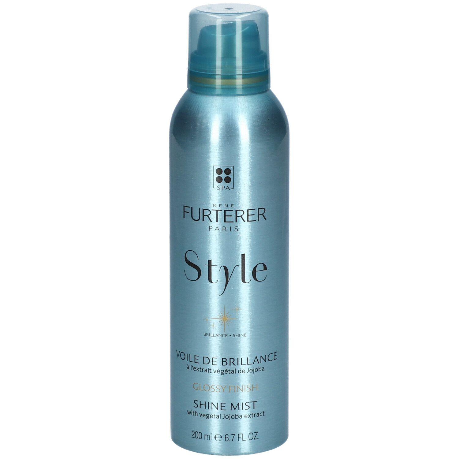 Flacone spray blu lucido. Scritte: FURTERER PARIS, Style, Voile de Brillance, Shine Mist, 200 ml.