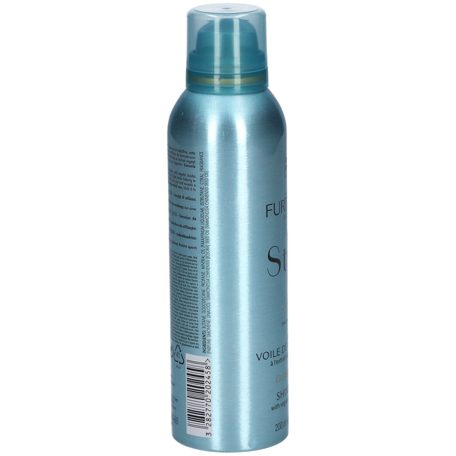 Flacone spray blu lucido. Retro con testo e codice a barre. Scritte: FURTERER PARIS, Style.