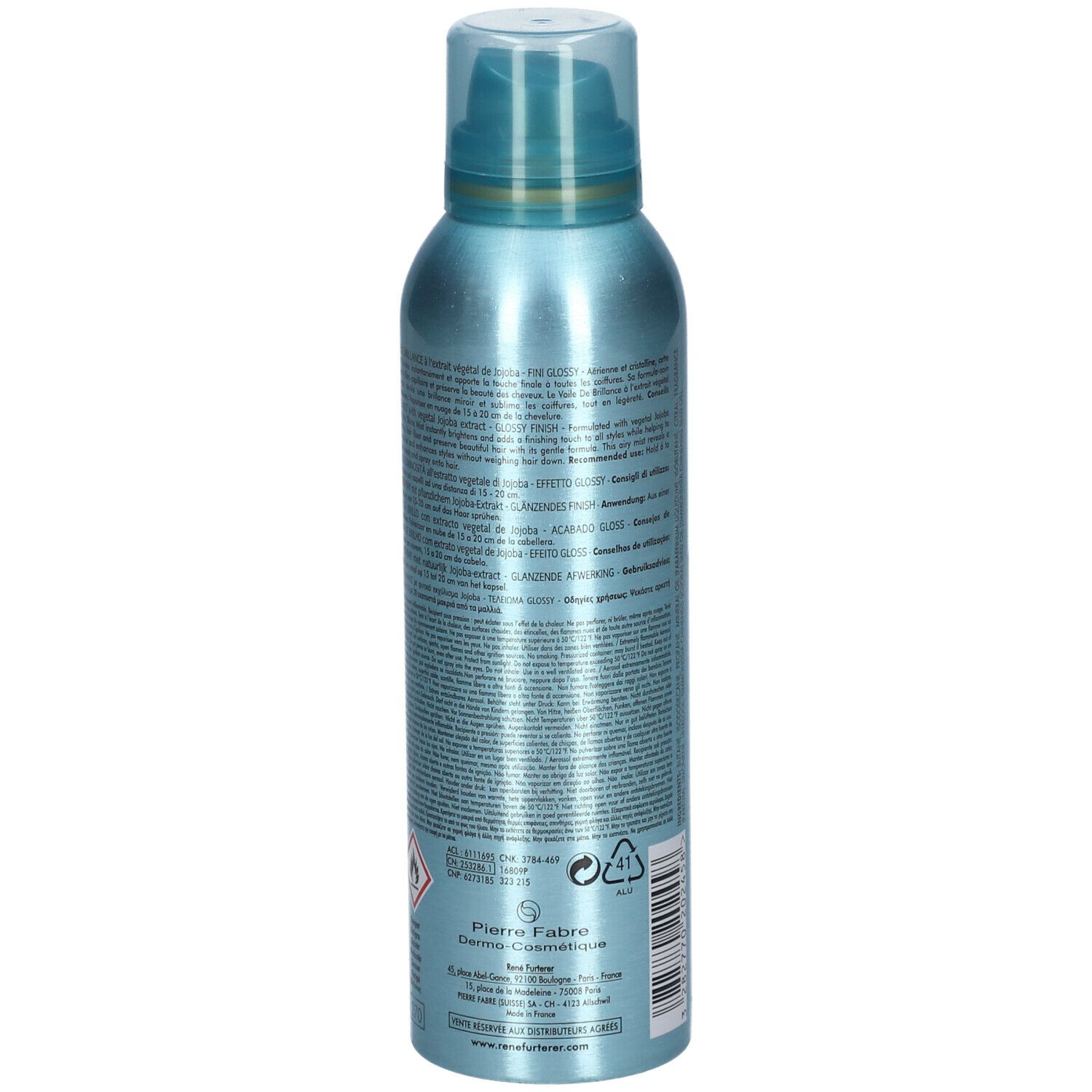 Flacone spray blu lucido. Retro con testo e codice a barre. Scritte: FURTERER PARIS, Style.