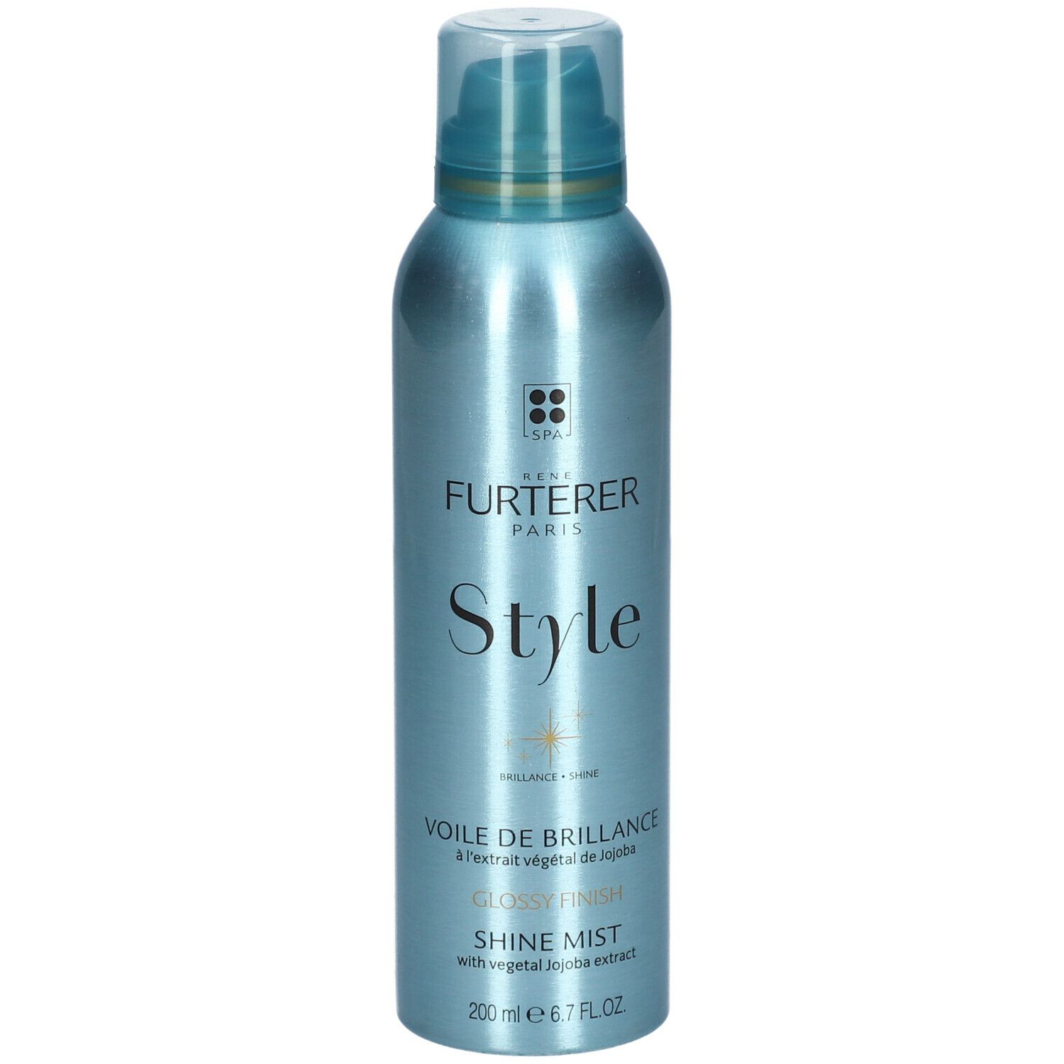 Flacone spray blu lucido. Scritte: FURTERER PARIS, Style, Voile de Brillance, Shine Mist, 200 ml.