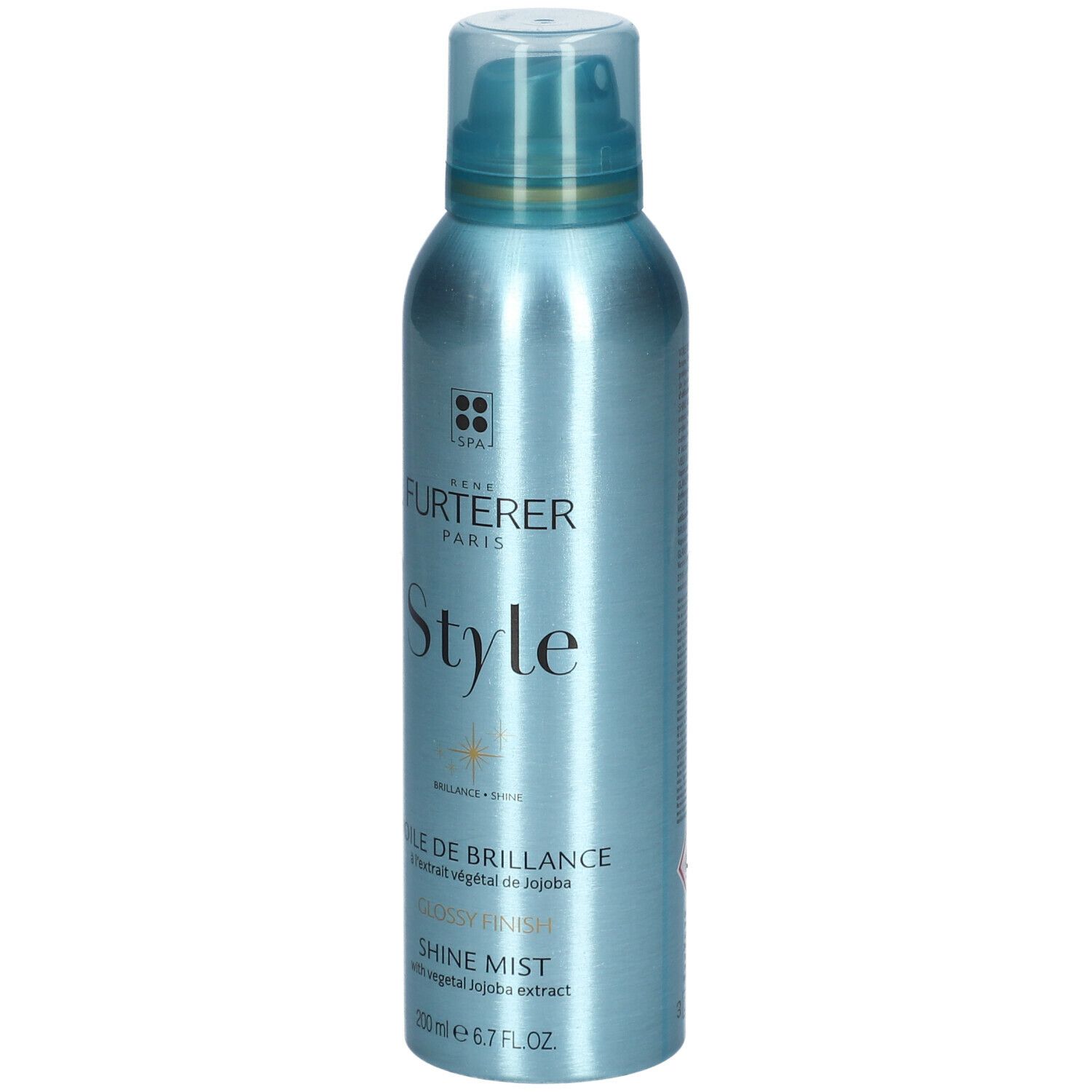 Flacone spray blu lucido. Scritte: FURTERER PARIS, Style, Voile de Brillance, Shine Mist, 200 ml.