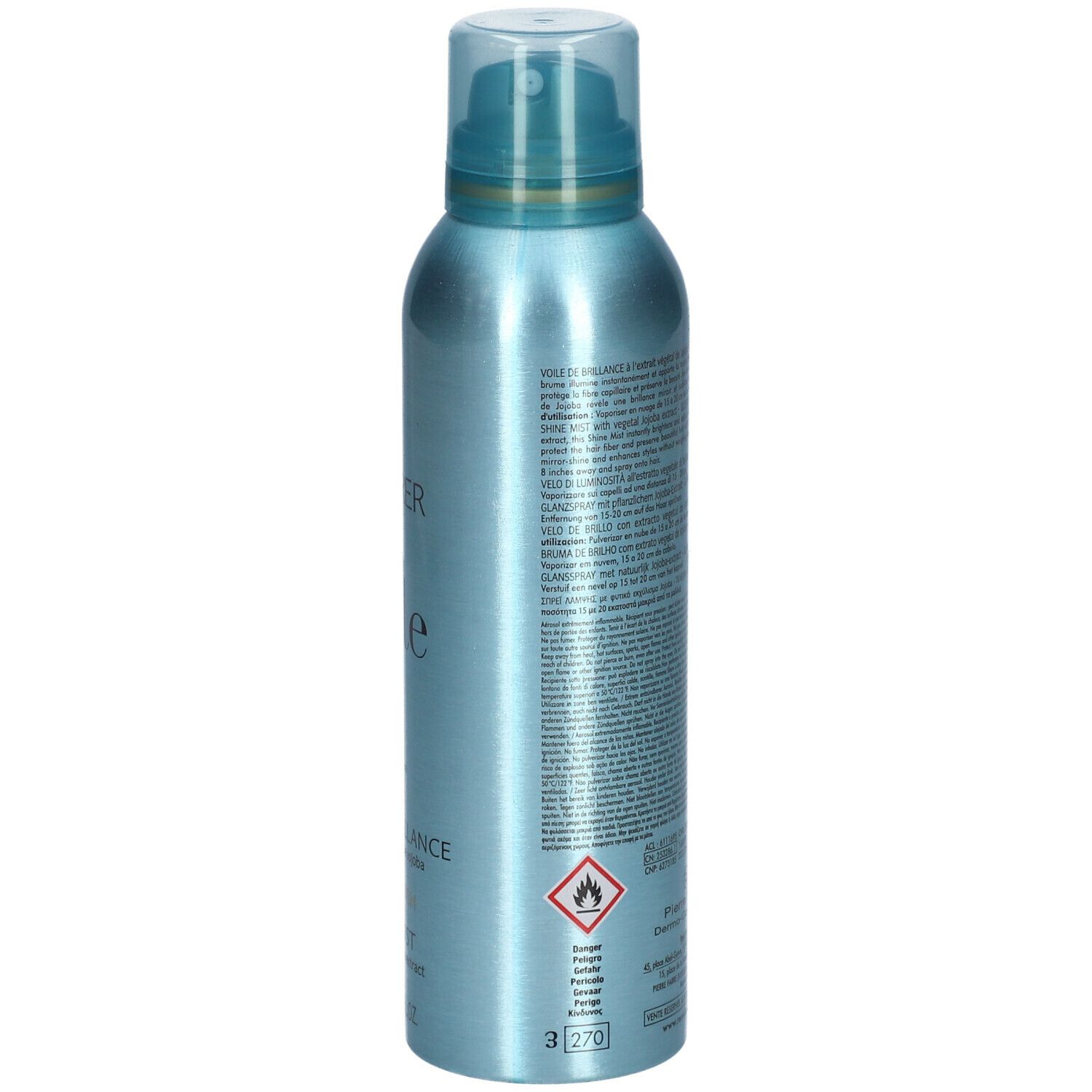 Flacone spray blu lucido. Retro con testo e simboli. Scritte: FURTERER PARIS, Style.