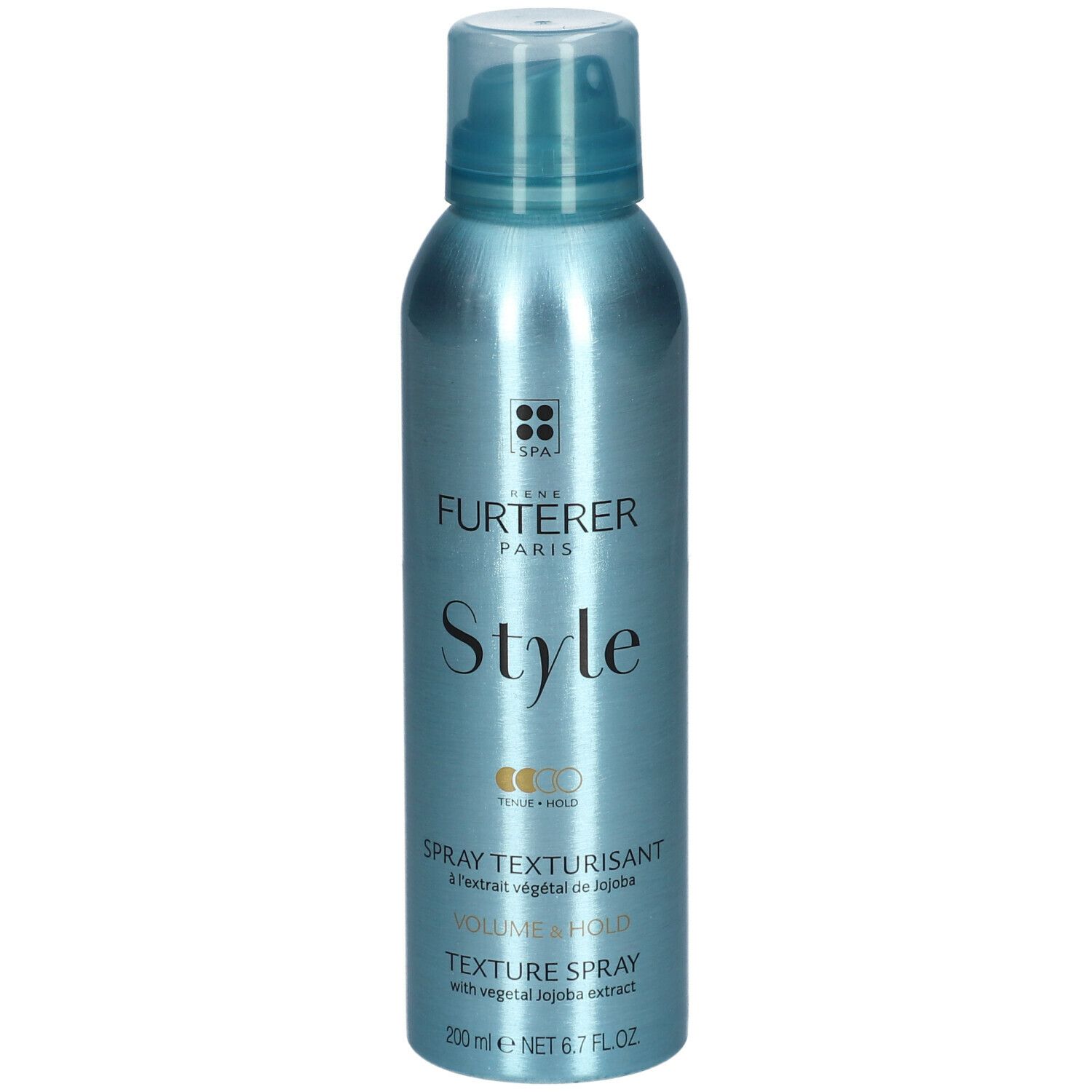 Flacone spray blu turchese. Scritta: FURTERER PARIS, Style, Spray Texturisant, Texture Spray. Con estratto di jojoba. 200 ml.