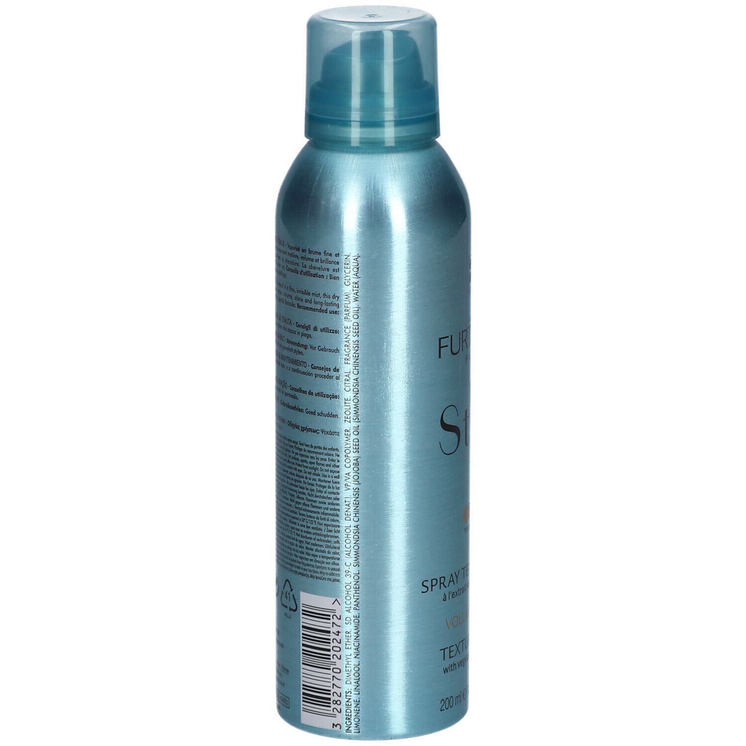 Flacone spray blu turchese. Retro con testo. Scritta: FURTERER PARIS, Spray Texturisant, Texture Spray. 200 ml.