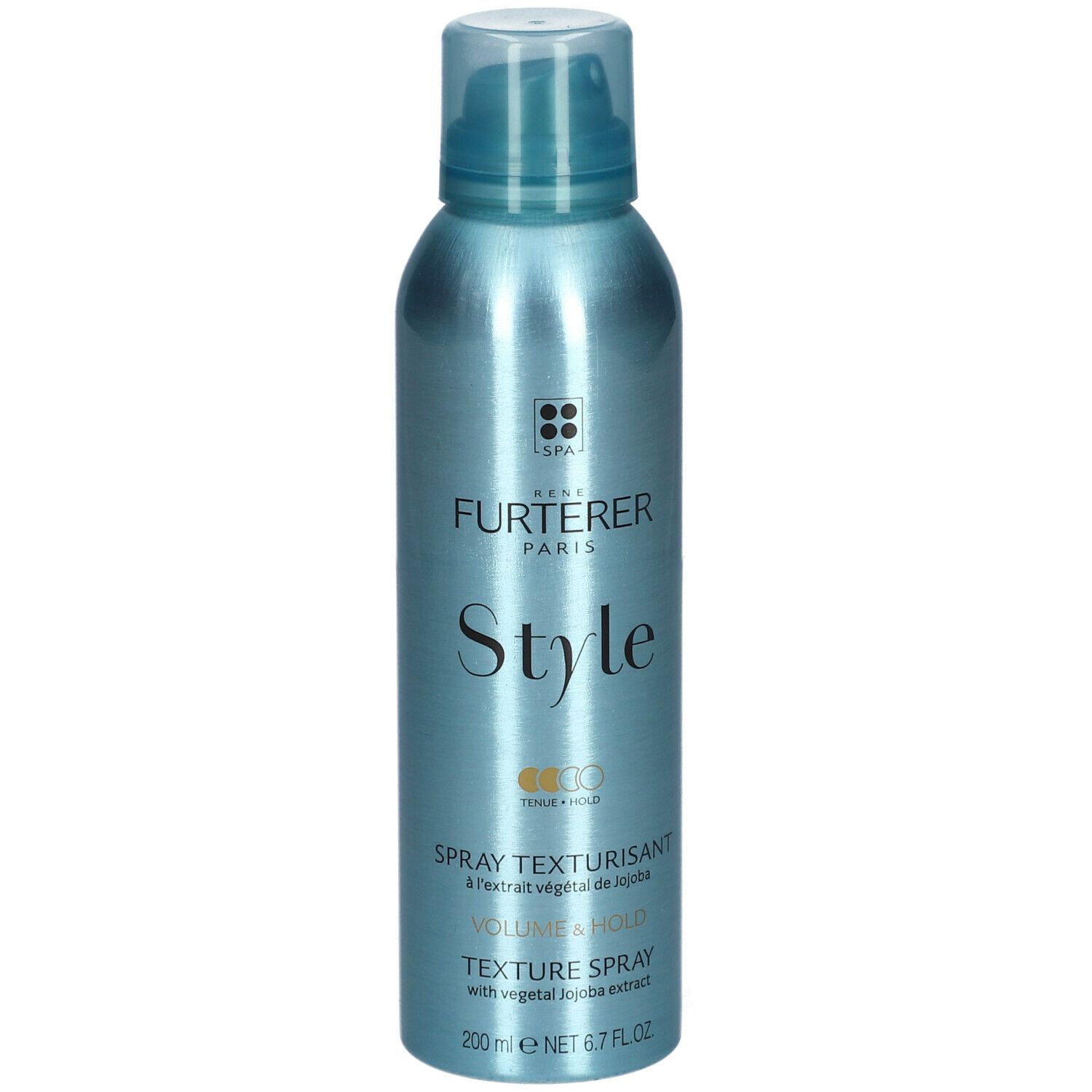 Flacone spray blu turchese. Scritta: FURTERER PARIS, Style, Spray Texturisant, Texture Spray. Con estratto di jojoba. 200 ml.