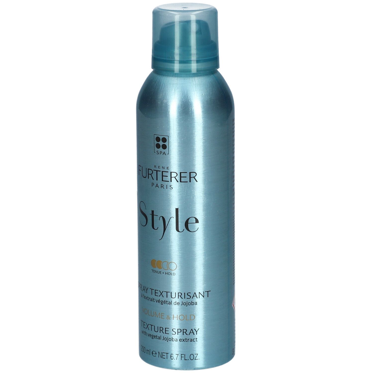 Flacone spray blu turchese. Scritta: FURTERER PARIS, Style, Spray Texturisant, Texture Spray. Con estratto di jojoba. 200 ml.