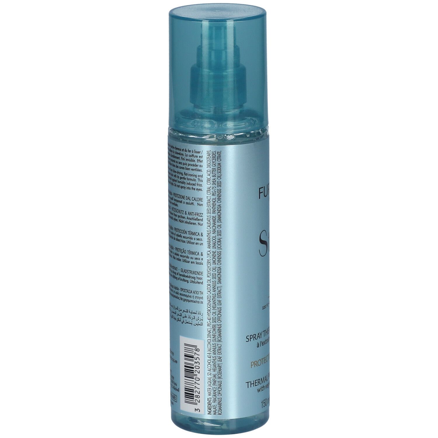 Blau-transparente Sprühflasche. Rückseite mit Text. Aufschrift: RENE FURTERER PARIS, Style. 150 ml.