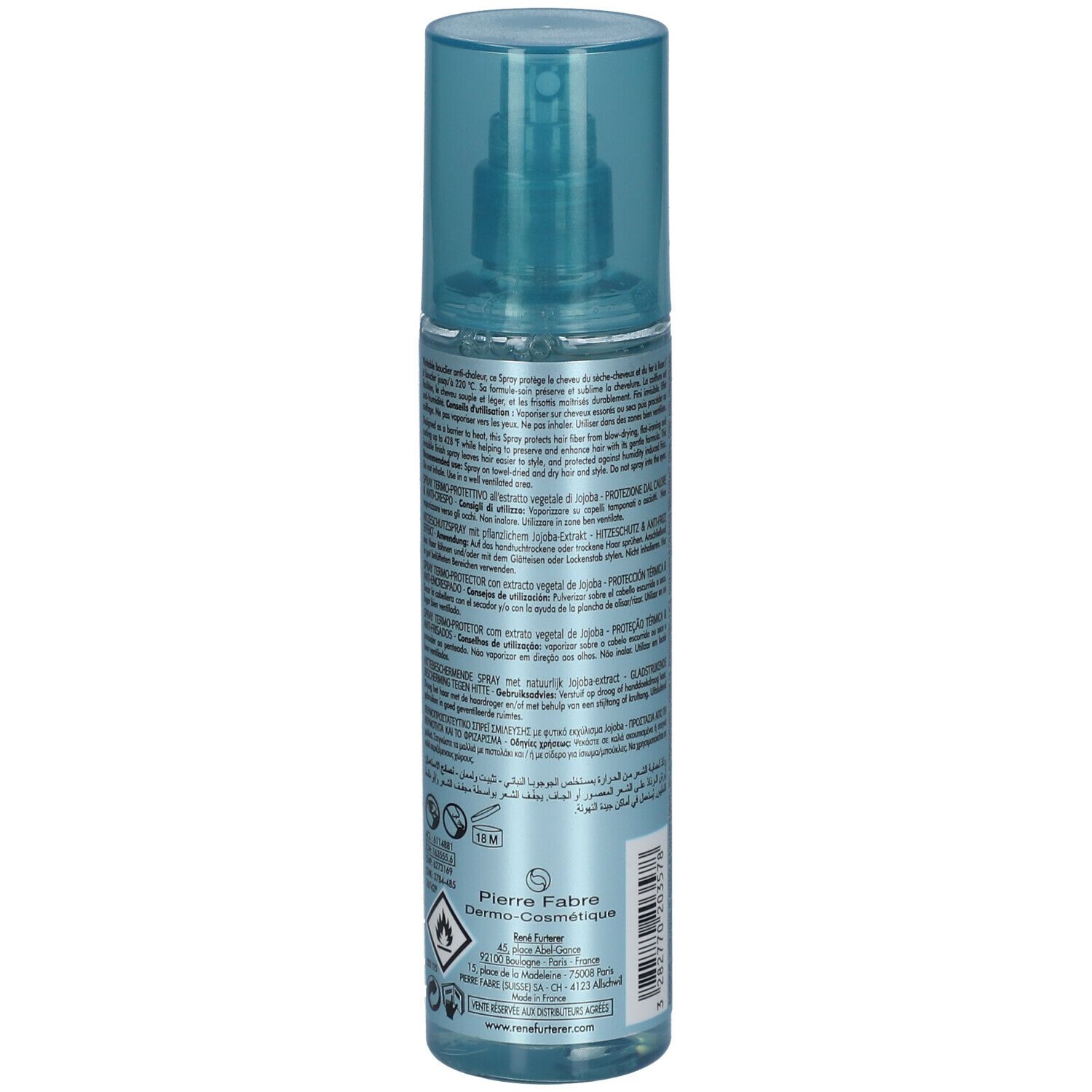 Blau-transparente Sprühflasche. Rückseite mit Text. Aufschrift: RENE FURTERER PARIS, Style. 150 ml.