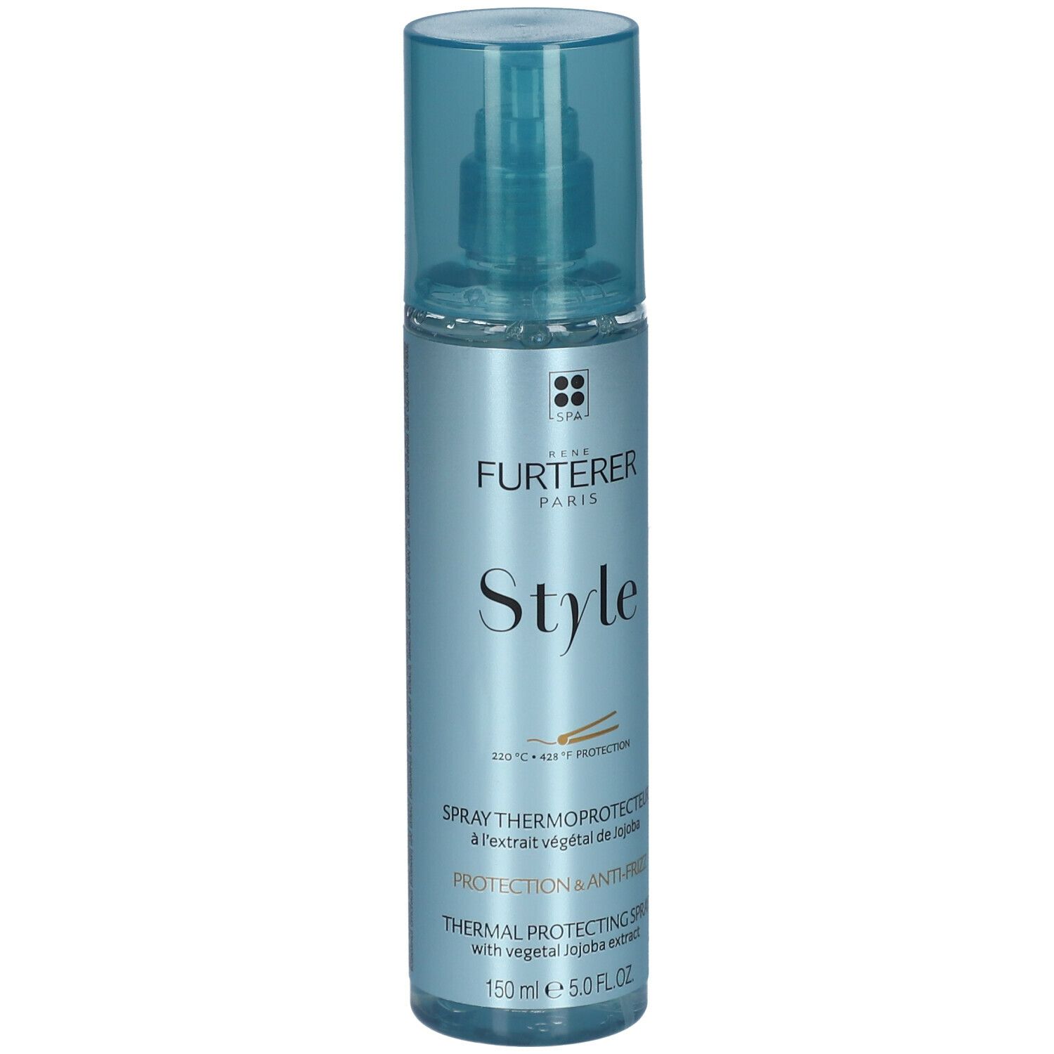 Blau-transparente Sprühflasche. Aufschrift: RENE FURTERER PARIS, Style. Thermoschutzspray mit pflanzlichem Jojoba-Extrakt. 150 ml.