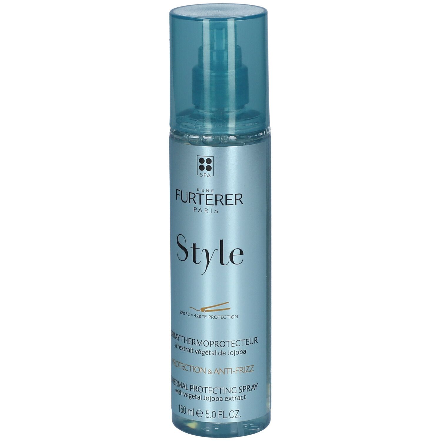 Blau-transparente Sprühflasche. Aufschrift: RENE FURTERER PARIS, Style. Thermoschutzspray mit pflanzlichem Jojoba-Extrakt. 150 ml.