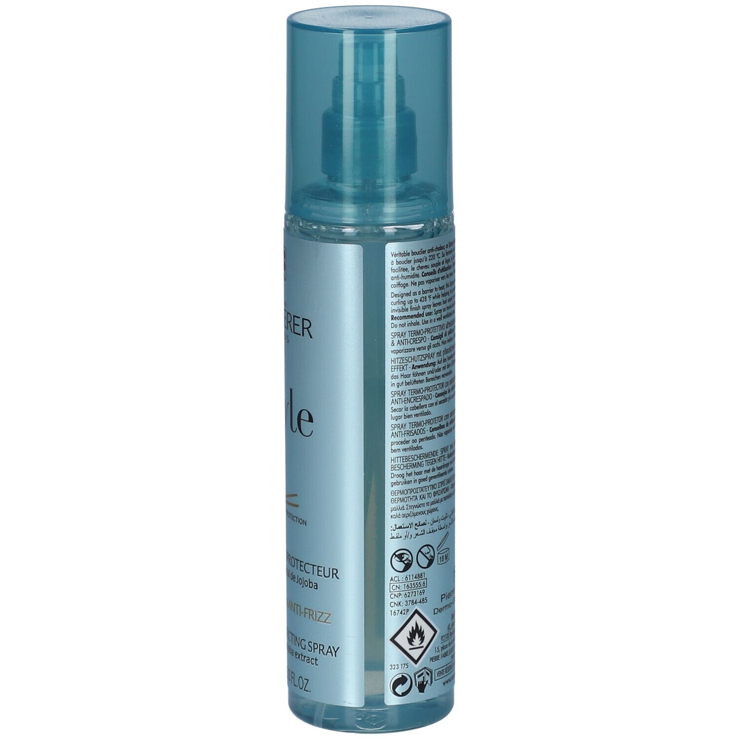 Blau-transparente Sprühflasche. Rückseite mit Text. Aufschrift: RENE FURTERER PARIS, Style. 150 ml.