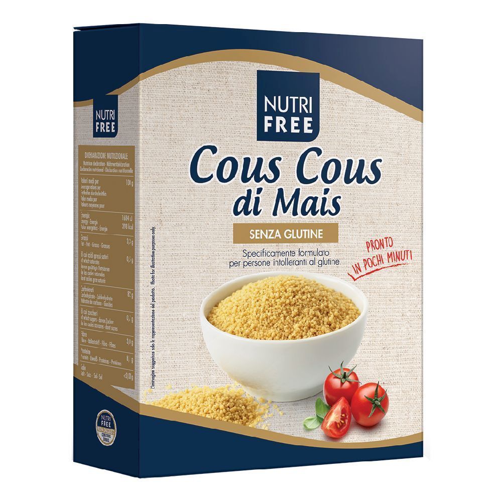Confezione di Nutrifree Cous Cous di Mais. Scritto: Senza Glutine. Immagine: ciotola di couscous, pomodori.