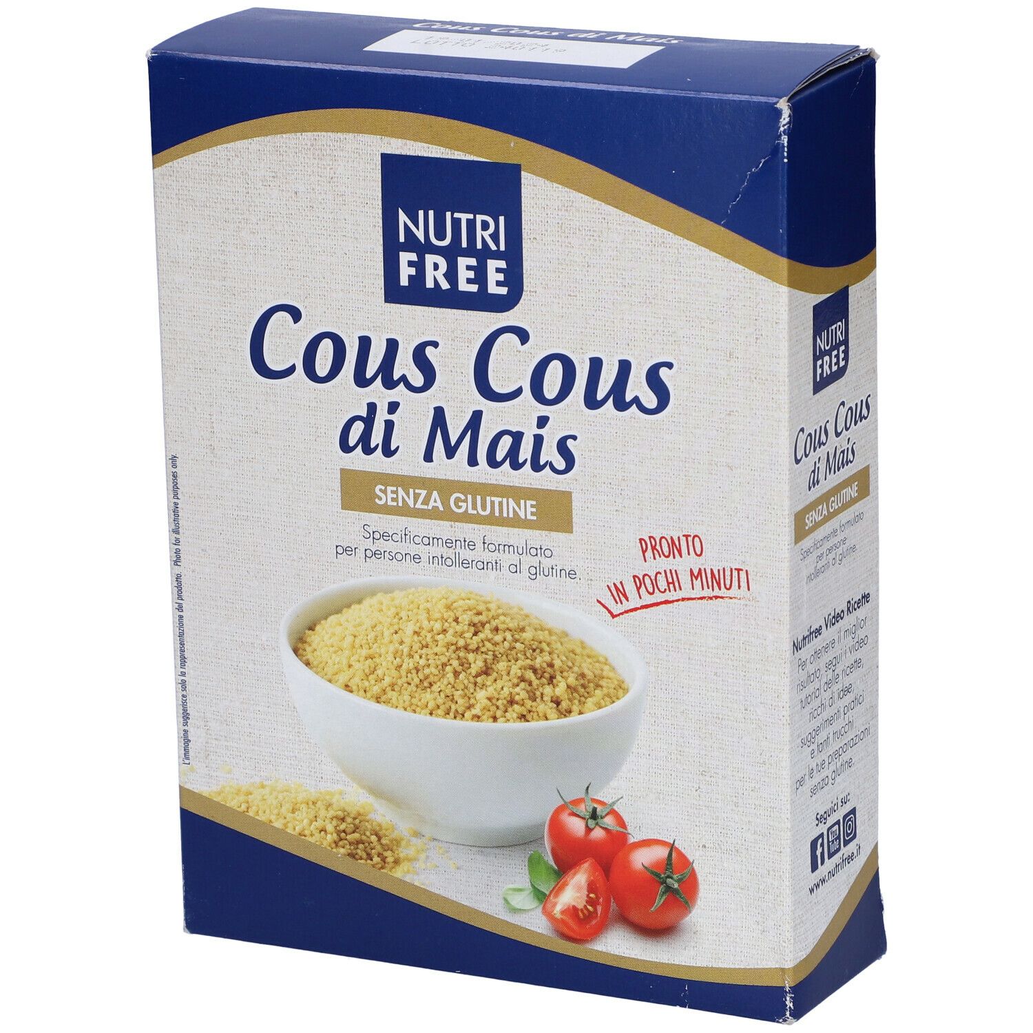 Confezione di Nutrifree Cous Cous di Mais. Scritto: Senza Glutine. Immagine: ciotola di couscous, pomodori.