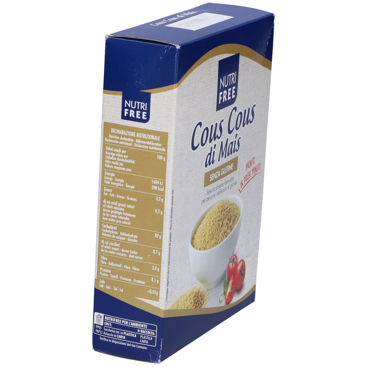 Confezione di Nutrifree Cous Cous di Mais. Scritto: Senza Glutine. Immagine: ciotola di couscous, pomodori.