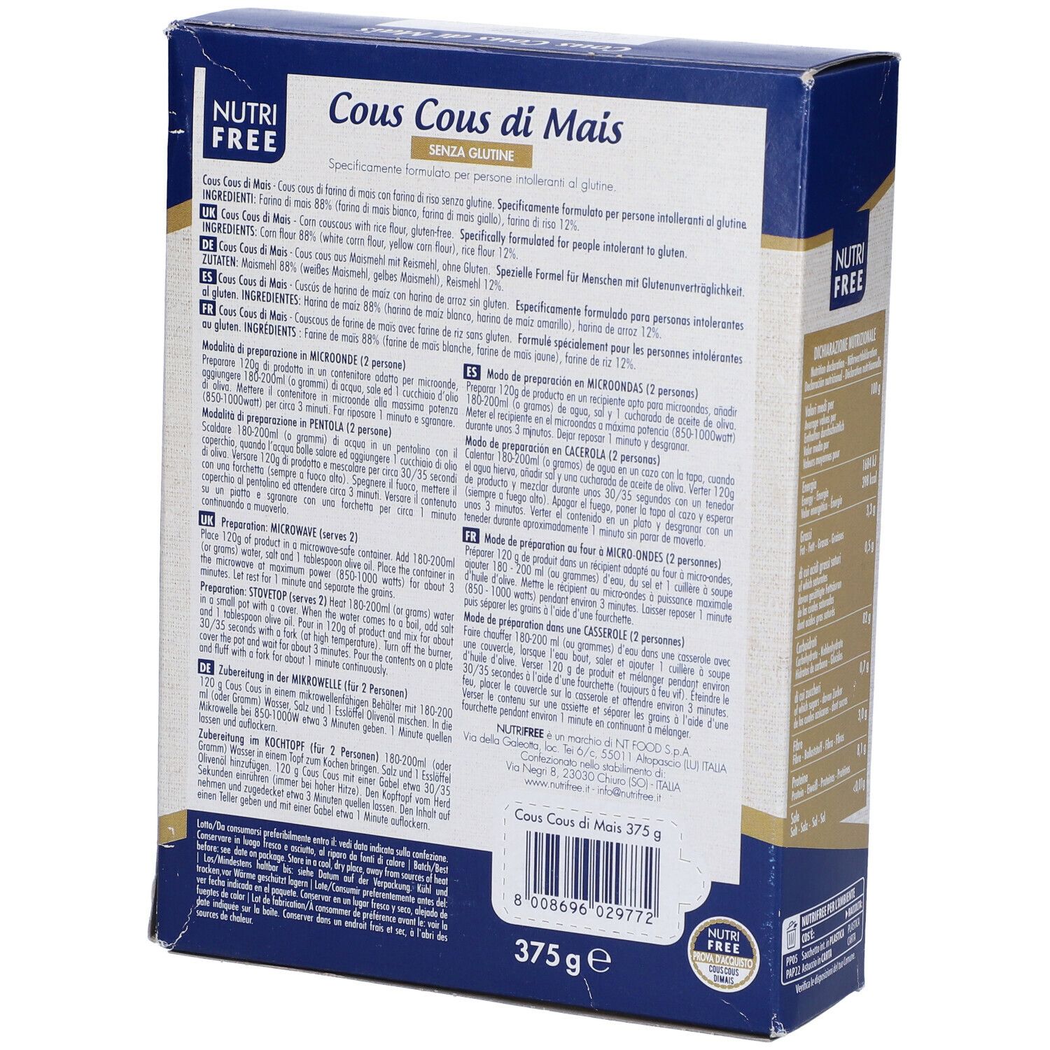 Retro confezione Nutrifree Cous Cous di Mais. Testo e informazioni nutrizionali. Scritto: Senza Glutine.