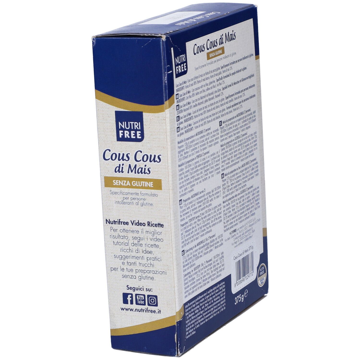 Vista obliqua della confezione Nutrifree Cous Cous di Mais. Testo e informazioni nutrizionali. Scritto: Senza Glutine.