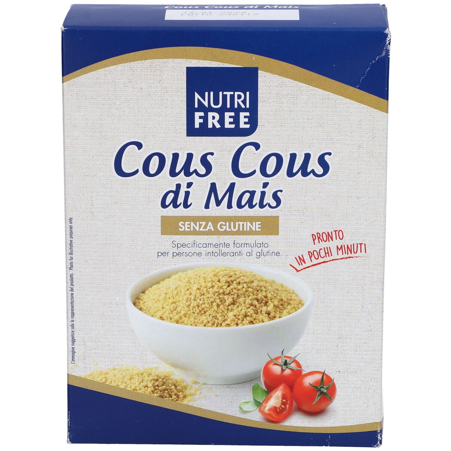 Confezione di Nutrifree Cous Cous di Mais. Scritto: Senza Glutine. Immagine: ciotola di couscous, pomodori.