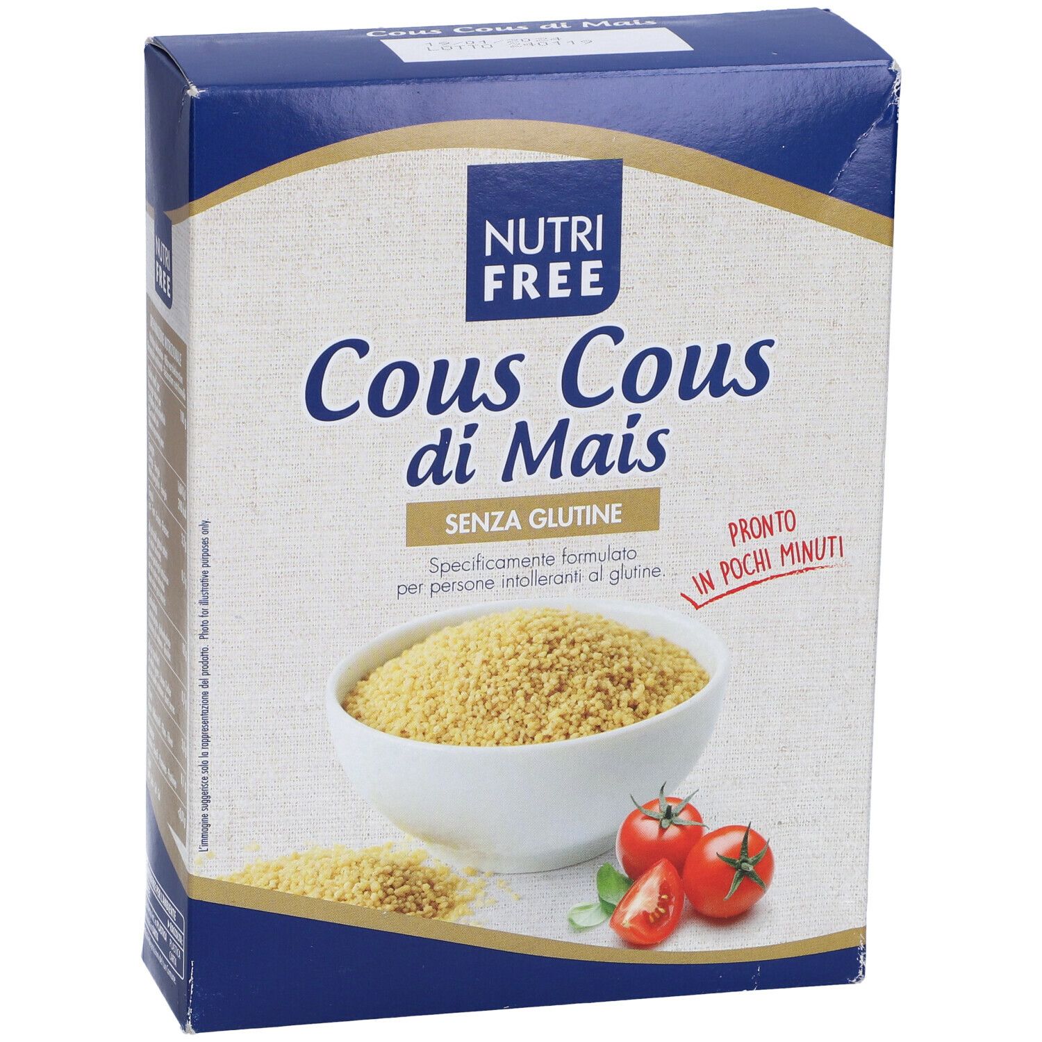 Confezione di Nutrifree Cous Cous di Mais. Scritto: Senza Glutine. Immagine: ciotola di couscous, pomodori.