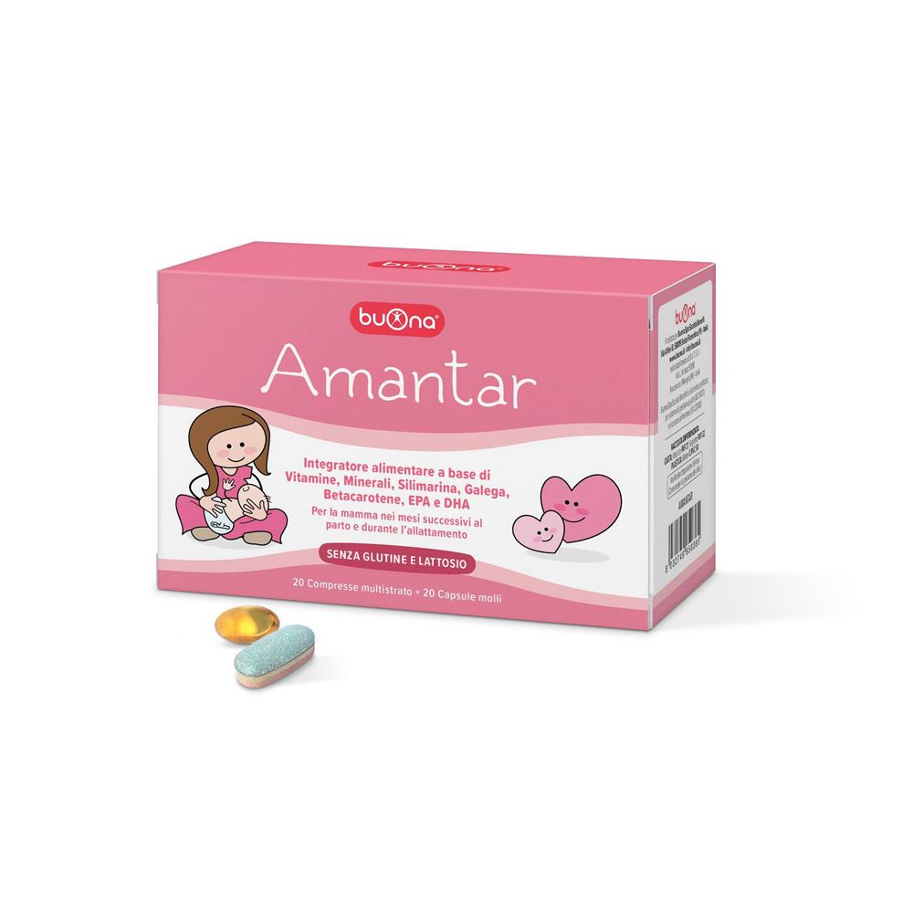 Scatola rosa 'Buona Amantar' con compresse e capsule. Illustrazione di donna che allatta e cuori. Ingredienti e informazioni nutrizionali.