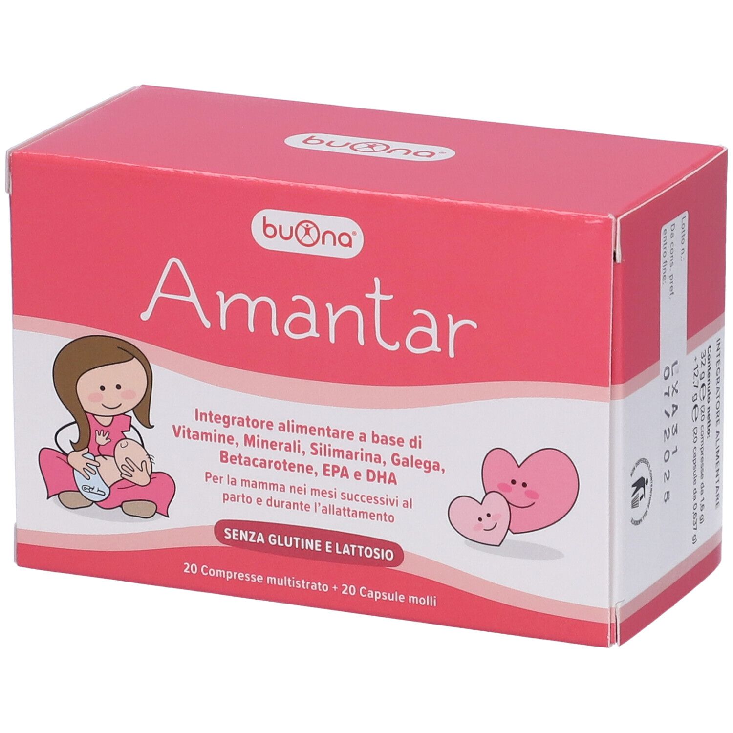 Scatola rosa 'Buona Amantar' con donna che allatta e cuori. Testo: 'Integratore alimentare' e 'Senza glutine e lattosio'.