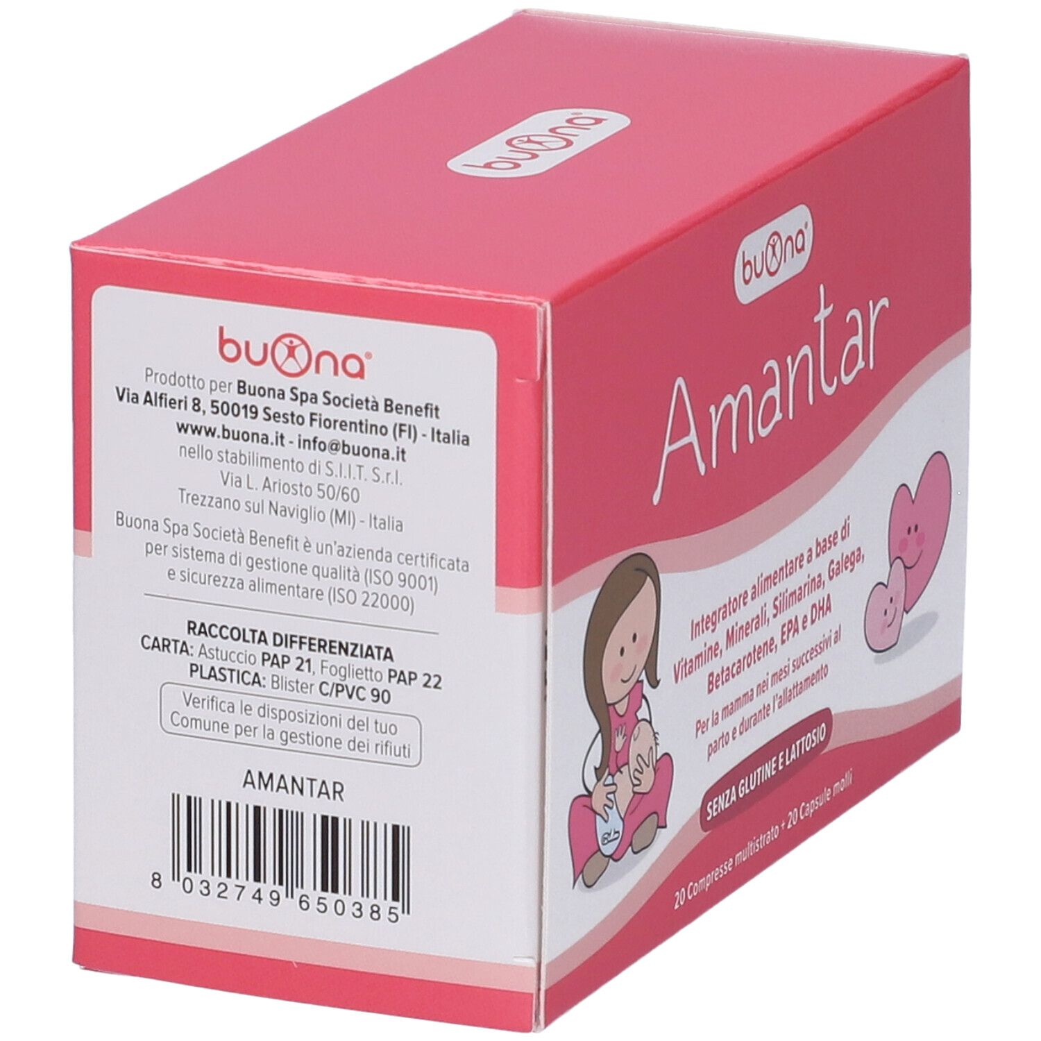 Scatola rosa 'Buona Amantar' con donna che allatta e cuori. Testo: 'Integratore alimentare' e 'Senza glutine e lattosio'.