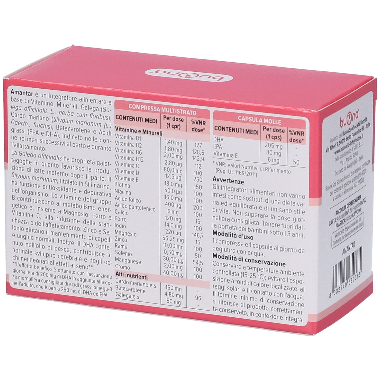 Scatola rosa 'Buona Amantar'. Retro con ingredienti e informazioni nutrizionali. Testo: 'Compressa multistrato' e 'Capsula molle'.