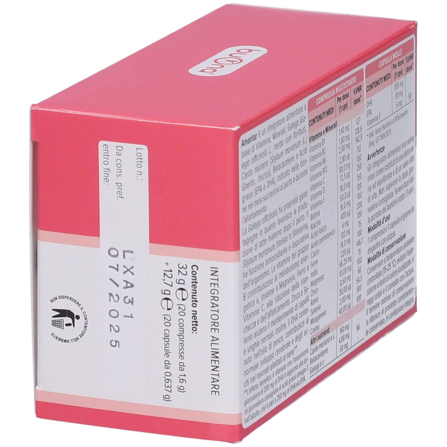 Scatola rosa 'Buona Amantar'. Retro con ingredienti e informazioni nutrizionali. Testo: 'Integratore alimentare'. Data di scadenza.
