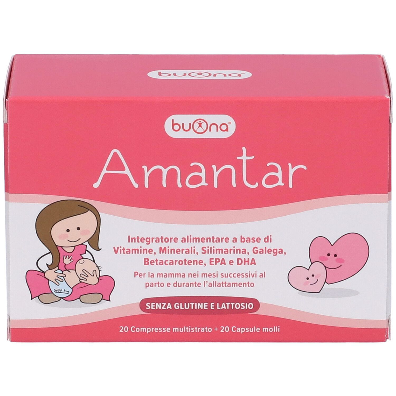 Scatola rosa 'Buona Amantar' con donna che allatta e cuori. Testo: 'Integratore alimentare' e 'Senza glutine e lattosio'.