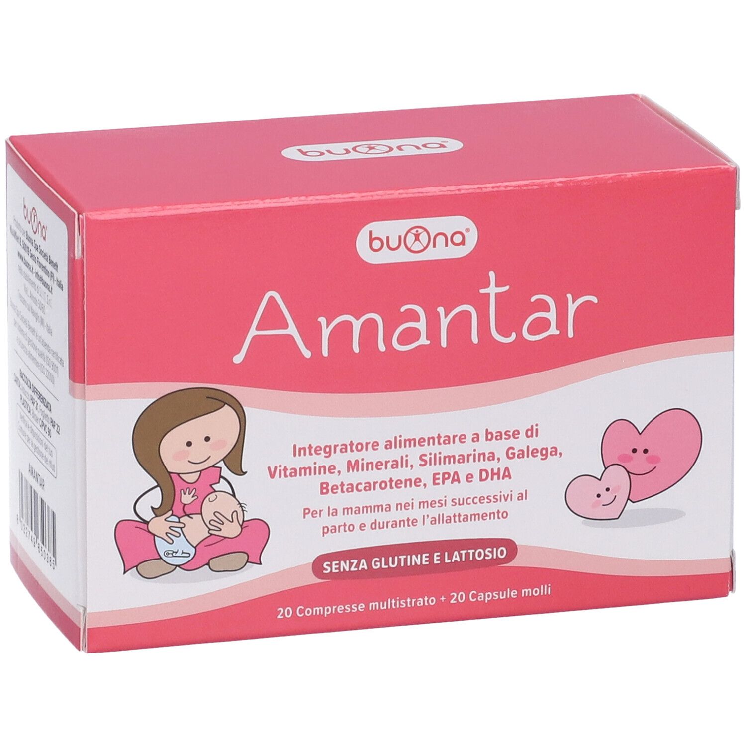 Scatola rosa 'Buona Amantar' con donna che allatta e cuori. Testo: 'Integratore alimentare' e 'Senza glutine e lattosio'.