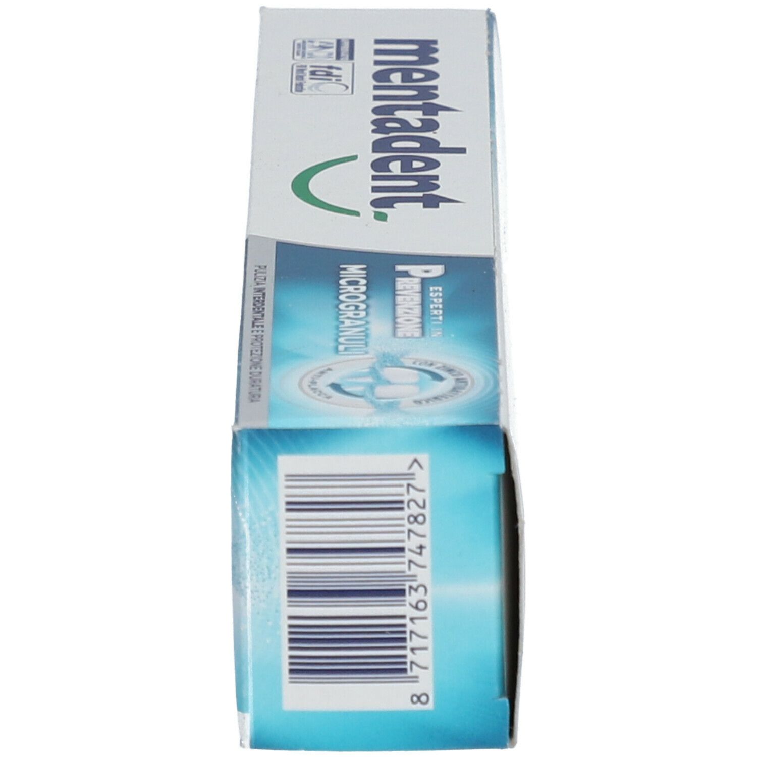 Zahncreme-Verpackung, Oberseite. Barcode und 'mentadent' Schriftzug.