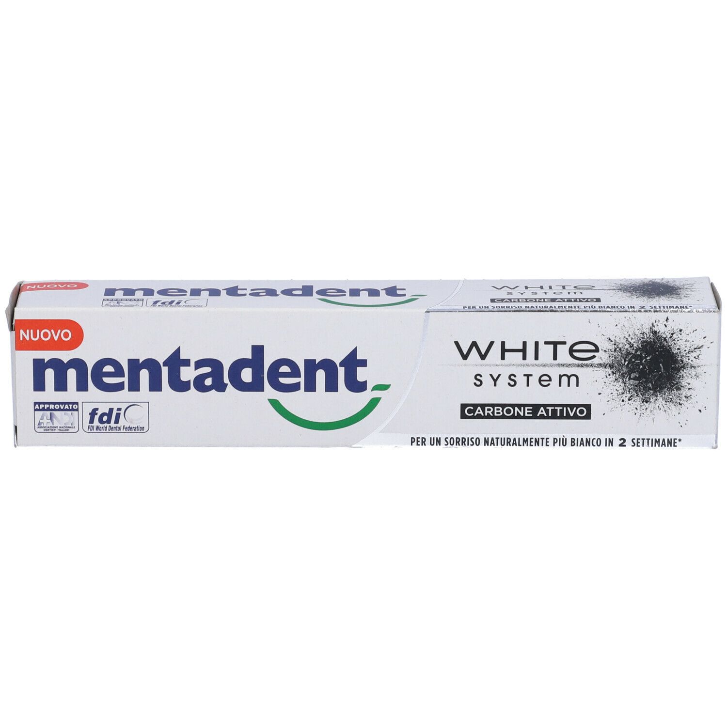 Confezione di dentifricio Mentadent White System Carbone Attivo. Certificazione FDI. Grafica carbone nero.
