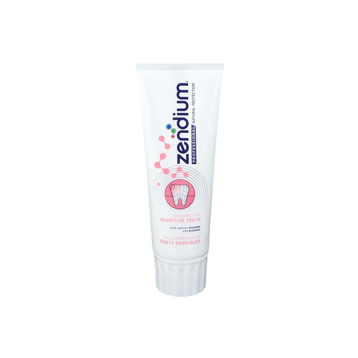 Tubo di dentifricio bianco con dettagli rosa. Scritta: Zendium Professional, per denti sensibili.