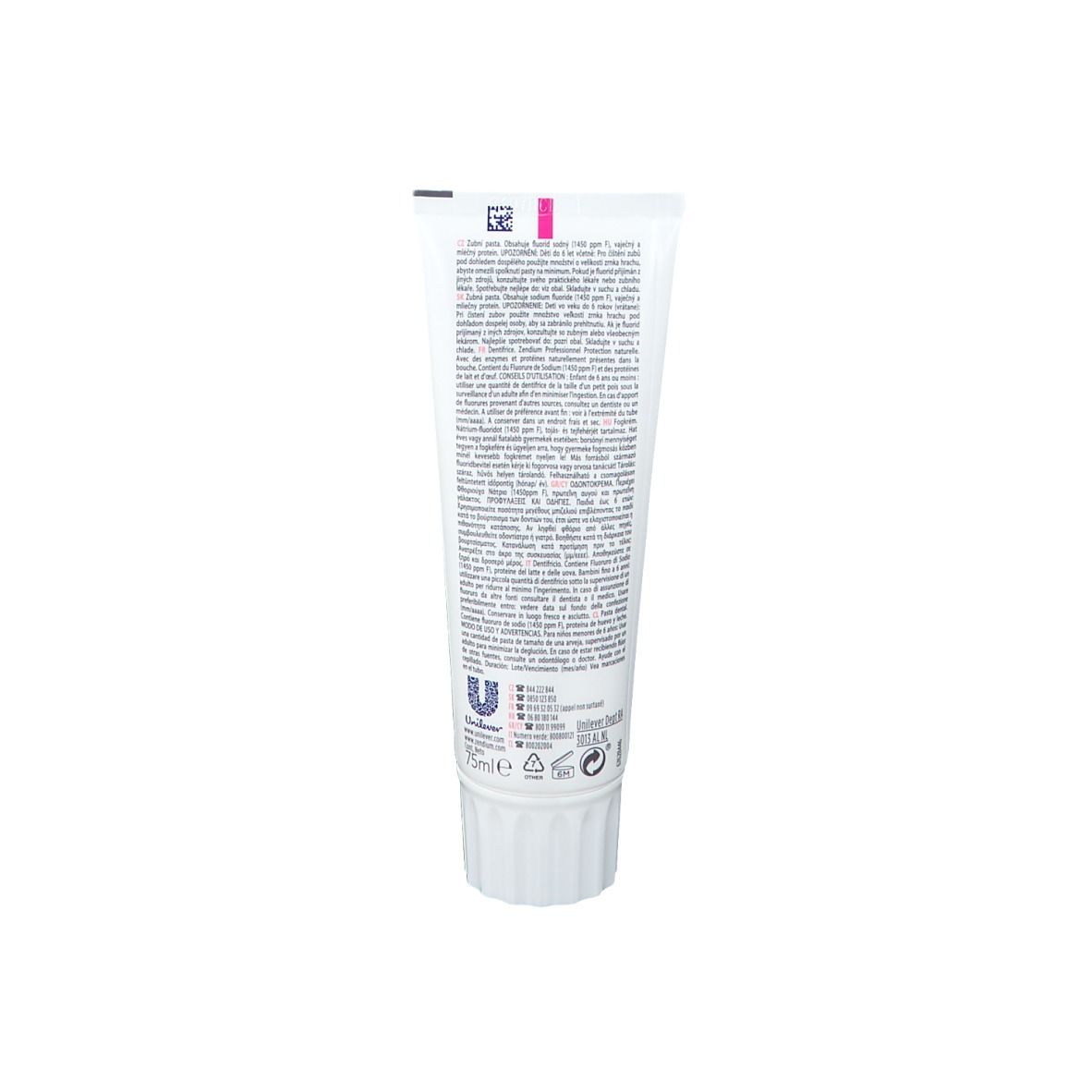 Retro di un tubetto di dentifricio bianco. Testo multilingue, informazioni del produttore e loghi.