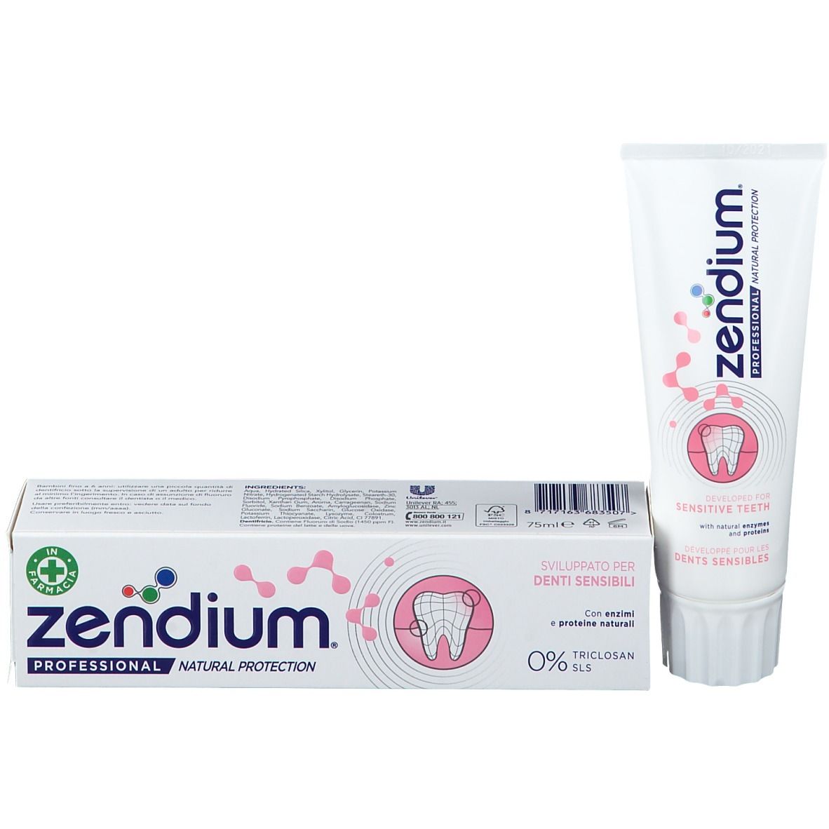 Tubo e scatola di dentifricio. Tubo bianco con dettagli rosa. Scatola bianca con design rosa e scritta Zendium.