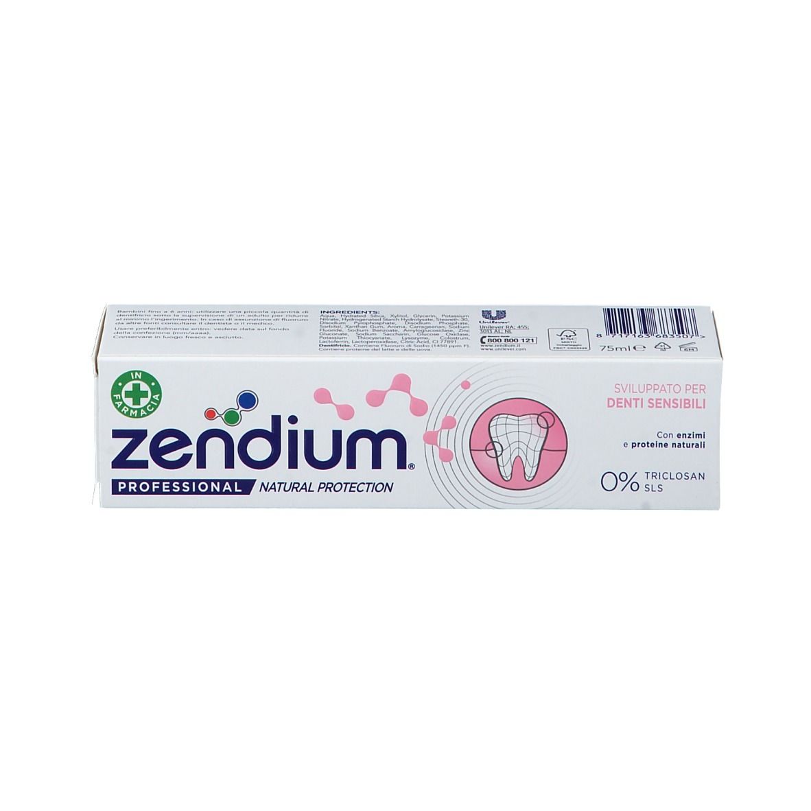 Scatola bianca con design rosa. Scritta Zendium Professional, per denti sensibili. Con informazioni.