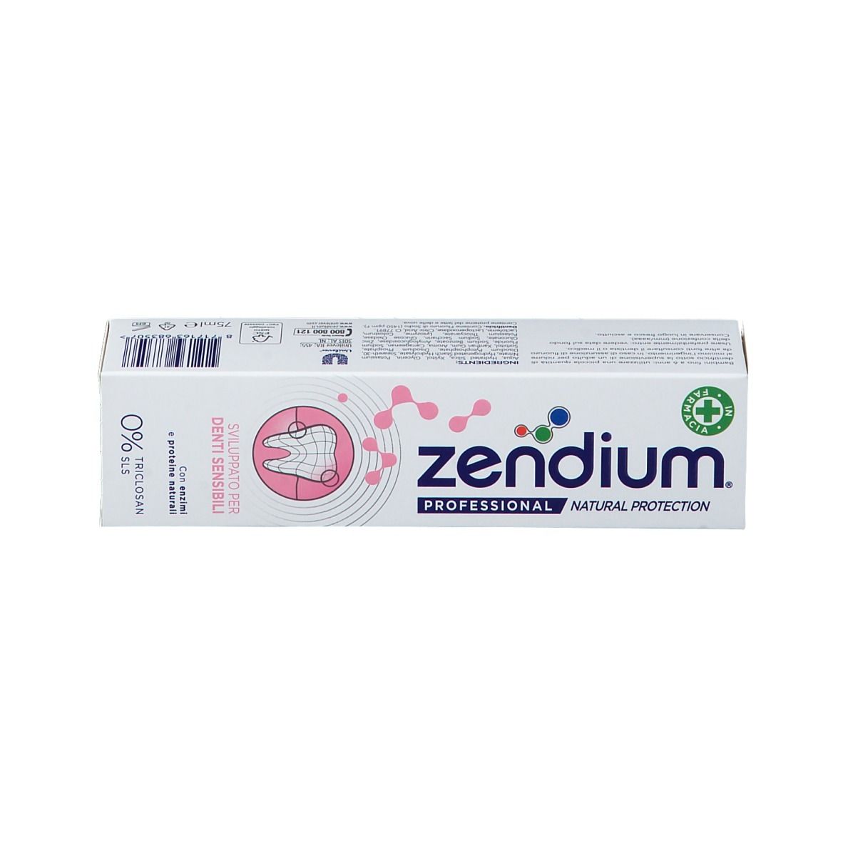 Scatola bianca con design rosa. Scritta Zendium Professional, per denti sensibili. Con informazioni.
