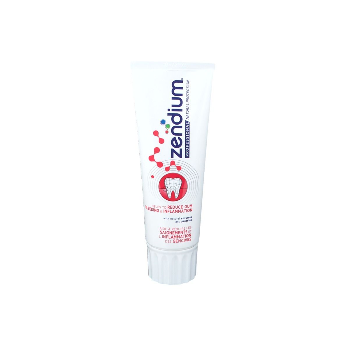 Zahncreme-Tube, weiß mit blauem und rotem Design. Text: Zendium Professional, reduziert Zahnfleischbluten und Entzündungen.