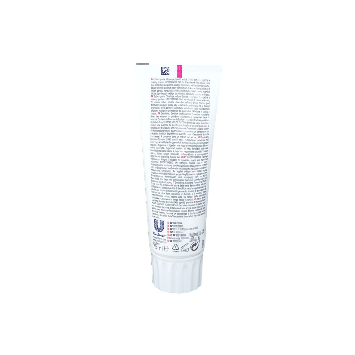 Rückseite einer weißen Zahncreme-Tube. Text und Logos. Enthält Informationen über Inhaltsstoffe und Hersteller.