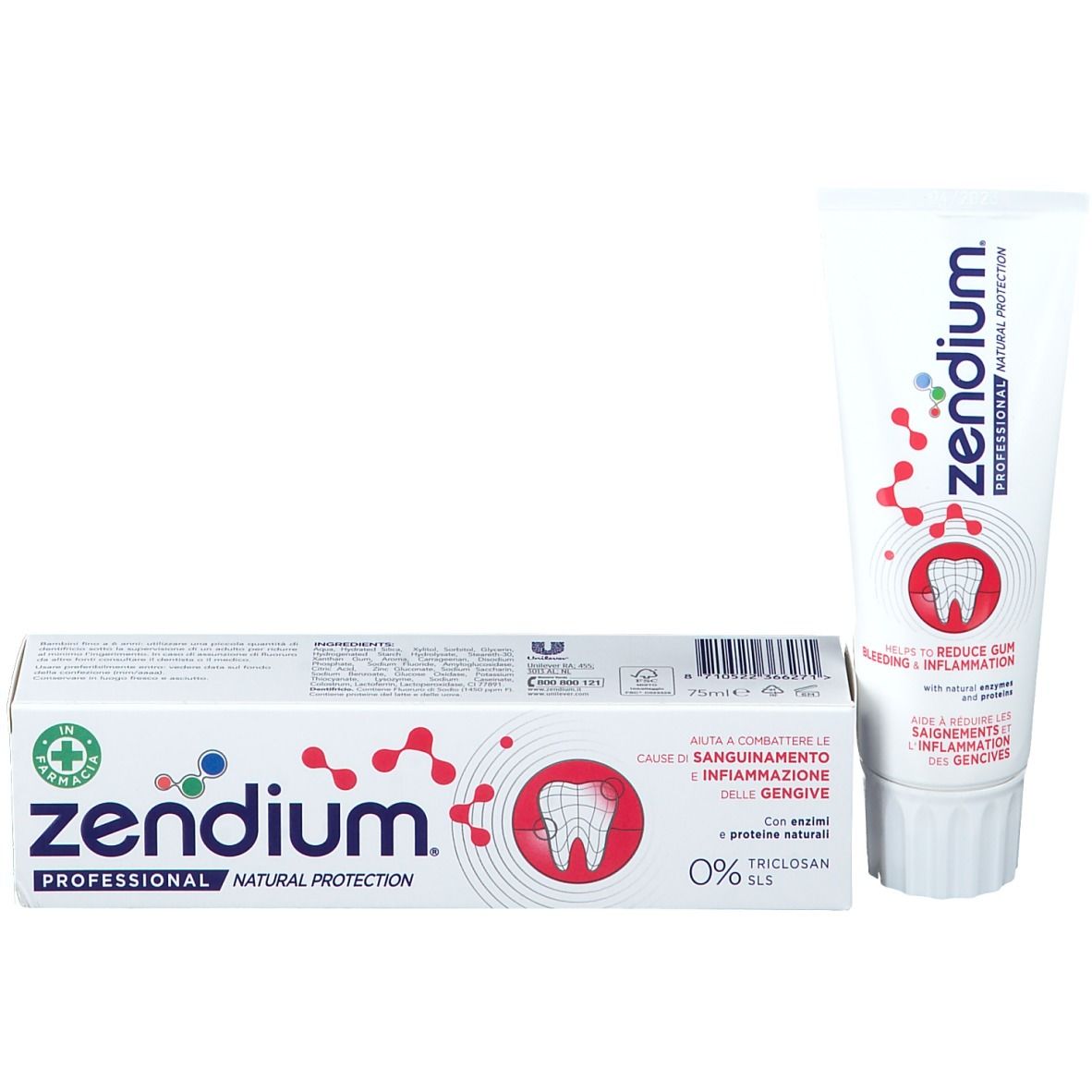 Zahncreme-Tube und Schachtel. Beide weiß mit blauem und rotem Design. Text: Zendium Professional, reduziert Zahnfleischbluten.