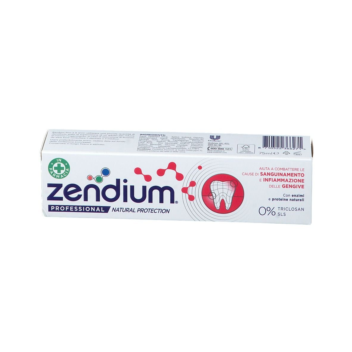 Weiße Schachtel mit blauem und rotem Design. Text: Zendium Professional, reduziert Zahnfleischbluten und Entzündungen. Logo.