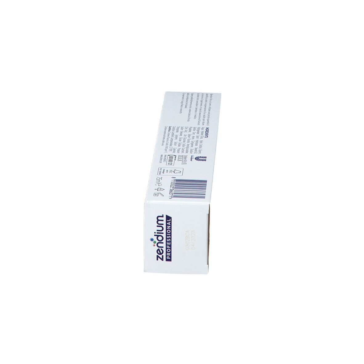 Schachtel, weiß mit blauem und rotem Design. Text: Zendium Professional. Seitenansicht mit Barcode und Herstellerinformationen.