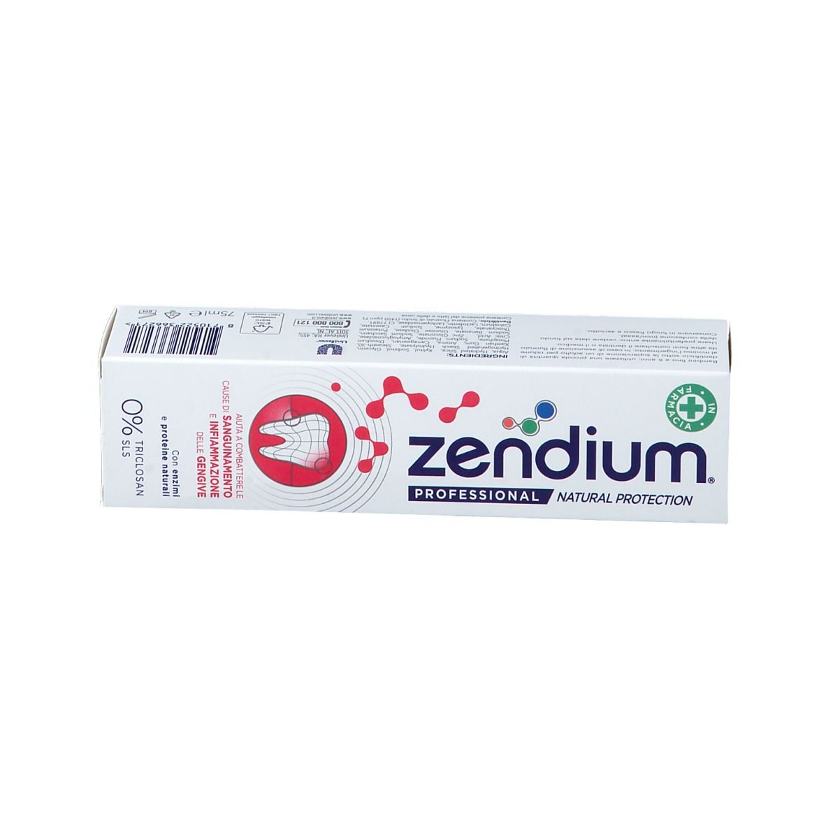 Weiße Schachtel mit blauem und rotem Design. Text: Zendium Professional, reduziert Zahnfleischbluten und Entzündungen. Logo.