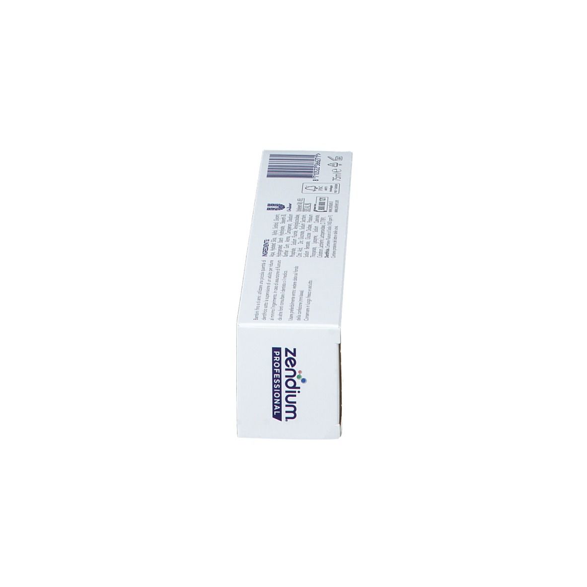 Schachtel, weiß mit blauem und rotem Design. Text: Zendium Professional. Seitenansicht mit Barcode und Herstellerinformationen.